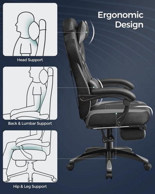 Gaming Chair, Office Racing Chair with Footrest, Ergonomic Design, Adjustable Headrest, Lumbar Support, 150 kg Weight Capacity