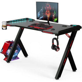 Gaming Desk RGB Lighting with Cup Holder and Headphone Hook