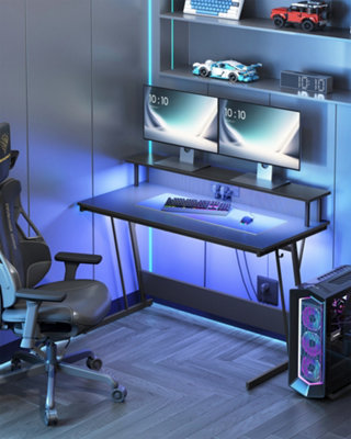 Gaming Desk with LED Lights and Built-In Power Outlets, Computer Desk ...