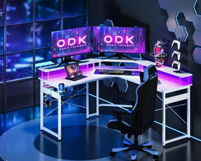 Gaming Desk with LED Lights, Corner Gaming Desk with 2 Sockets and 2 ...