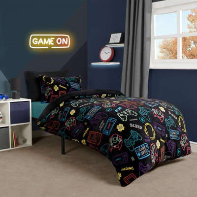 Gaming Duvet Cover Set Warm Fleece Bedding Quilt Thermal Warm, Black - Double