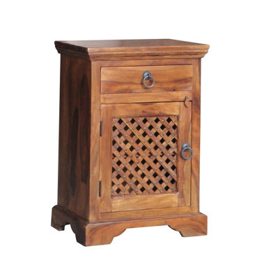 Ganga Latic Jali Bedside with Left Side Door - Sheesham Wood - L31 x W45 x H65 cm - Honey Dark Finish