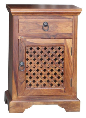 Ganga Latic Jali Bedside with Right Side Door - Sheesham Wood - L31 x W45 x H65 cm - Honey Dark Finish