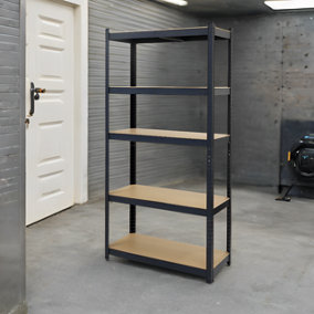 Garage Shelving Unit Heavy Duty 5 Shelf Steel & MDF Black Heavy Duty  (H) 1500mm x (W) 700mm