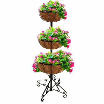 Garden 3 Tier Flower Fountain Coco Liner Black Metal Patio Planter Plant Pot Tub