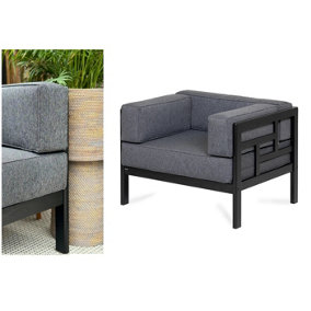 Garden Armchair Lounge Chair Outdoor Black Wooden Frame & Comfy Grey Cushions - Cori