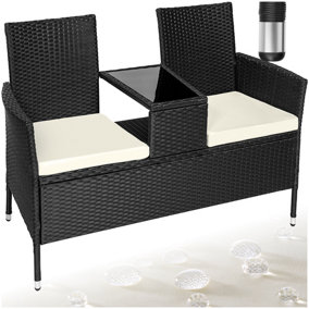 Garden Bench Narbonne - 2-seater with table, weather-resistant polyrattan - black/beige - 1