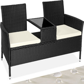 Garden bench with table poly rattan - black/beige