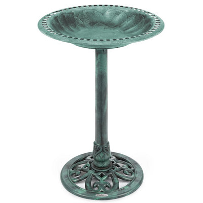 Garden Bird Bath Ornate Resin Birdbath With Rustic Metal Effect H60cm Green Christow