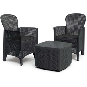 Garden Bistro Set for 2 for with Storage Coffee Table & Armchairs Black Rattan Effect