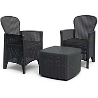 Garden Bistro Set for 2 with Storage Coffee Table & Armchairs Black Rattan Effect