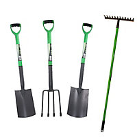 Garden Border Fork Spade Rake and Digging Spade Carbon Steel Blades 4pc Kit
