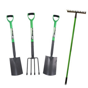 Garden Border Fork Spade Rake and Digging Spade Carbon Steel Blades 4pc Kit