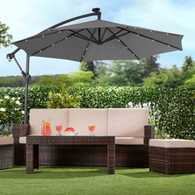 Garden Cantilever Solar LED Parasol & Cover Outdoor Umbrella 2.7m Crank Handle (Charcoal)