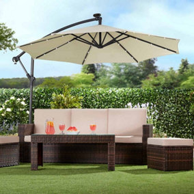 Garden Cantilever Solar LED Parasol & Cover Outdoor Umbrella 2.7m Crank Handle (Cream)