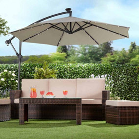 Garden Cantilever Solar LED Parasol & Cover Outdoor Umbrella 2.7m Crank Handle (Pale Grey)