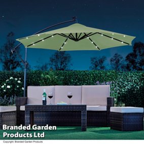 Garden Cantilever Solar LED Parasol & Cover Outdoor Umbrella 2.7m Crank Handle (Sage Green)