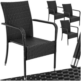 Garden Chair Girona - polyrattan & steel, weather & sun resistant, stackable - black - Set of 4