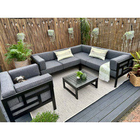 Garden Corner Sofa Armchair Wood Table Outdoor Set Patio Black Grey Cushion Cori