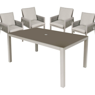 Garden Dining Set - 1.5m Table & 4x Chairs - Light Grey Aluminium & Rope Outdoor