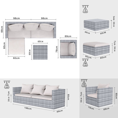 Garden Furniture Set 5PC Rattan Modular Corner Sofa Set For Lawn Backyard Poolside (Grey) - 3