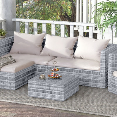 Garden Furniture Set 5PC Rattan Modular Corner Sofa Set For Lawn Backyard Poolside (Grey) - 6