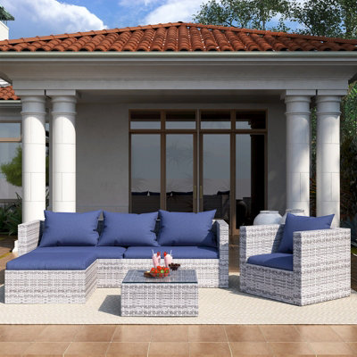 Garden Furniture Set 5PC Rattan Modular Corner Sofa Set For Lawn Backyard Poolside (Grey) - 9