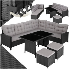Garden Furniture Set Barletta - outdoor corner sofa set, dining table, 2 footstools - black