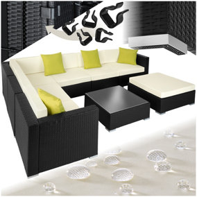 Garden Furniture Set Marbella - 7 seater outdoor corner sofa, table, thick cushions - black