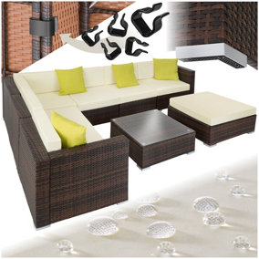 Garden Furniture Set Marbella - 7 seater outdoor corner sofa, table, thick cushions - mixed brown