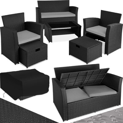 Garden Furniture Set Modena- sofa with storage, armchairs, stools, coffee table - black/grey