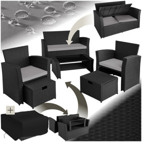 Garden Furniture Set Modena- sofa with storage, armchairs, stools, coffee table - black/grey