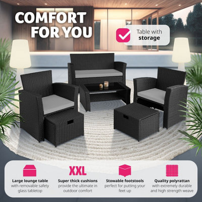 Garden Furniture Set Modena- sofa with storage, armchairs, stools, coffee table - black/grey