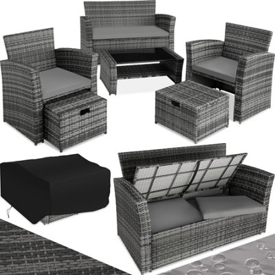 Garden Furniture Set Modena- sofa with storage, armchairs, stools, coffee table - grey