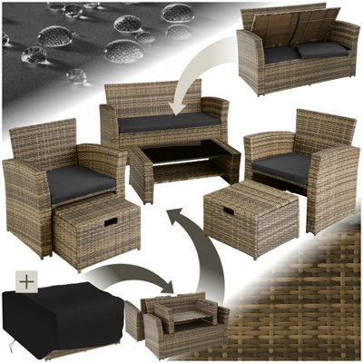 Garden Furniture Set Modena- sofa with storage, armchairs, stools, coffee table - nature