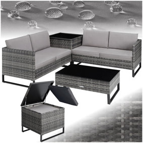 Garden Furniture Set Ostuni - for 4 people, large storage box, table, thick cushions - grey