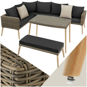 Garden Furniture Set Pula - outdoor sofa set with table, seating bench, thick seat cushions - nature