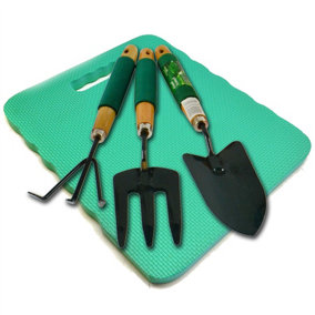 Garden Gardening Hand Rake Spade Shovel Fork And Foam Kneeling Pad 4pc Set