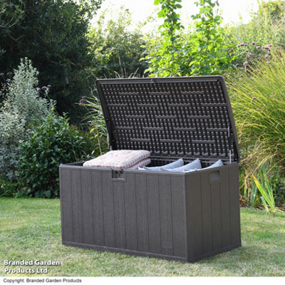 Garden Gear 492L Storage Box in Brown, Outdoor Deck Box,  Weather Resistant, Hydraulic Soft-Close Lockable Lid, Wood-Effect Finish