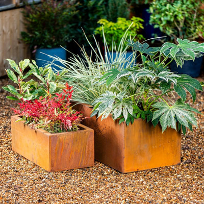 GARDEN GEAR RUST EFFECT TROUGH PLANTERS SET OF 2 OUTDOOR PRE-RUST METAL ...