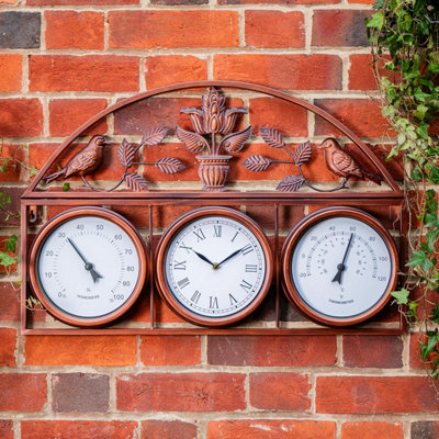 Garden Gear Wall Clock and Weather Station Copper Colour 3-in-1 Outdoor ...
