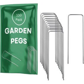 Garden Ground Pegs Metal U Pins (4 inch 10cm) Galvanised Steel Weed Fabric Staples for Securing (100 Pack)