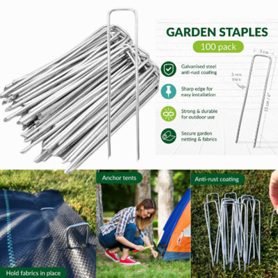 Garden Ground Pegs Metal U Pins (6 inch 15cm) Galvanised Steel Weed Fabric Staples for Securing (100 Pack)