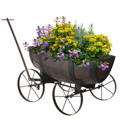 Garden Half Barrel Flower Planter Pot Wheels Wooden Antique Oak Effect Outdoor