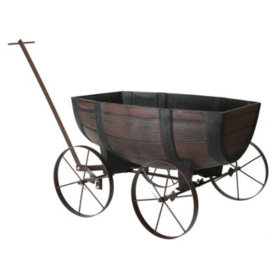 Garden Half Barrel Flower Planter Pot Wheels Wooden Antique Oak Effect Outdoor