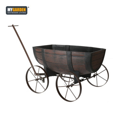 Garden Half Barrel Flower Planter Pot Wheels Wooden Antique Oak Effect Outdoor