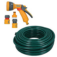 Garden Hose Pipe 30m With Hozelock Fittings and Spray Water Gun Starter Kit Yard