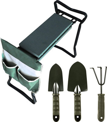 Garden Kneeler & Hand Tool Set - Foldable Foam Gardening Seat or Kneeling Pad with Handles, Side Pocket, 2 x Trowels & Rake