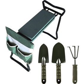 Garden Kneeler & Hand Tool Set - Foldable Foam Gardening Seat or Kneeling Pad with Handles, Side Pocket, 2 x Trowels & Rake
