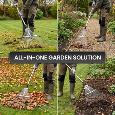 Garden Leaf Rake with Telescopic Handle Adjustable Length 15 Tine ...